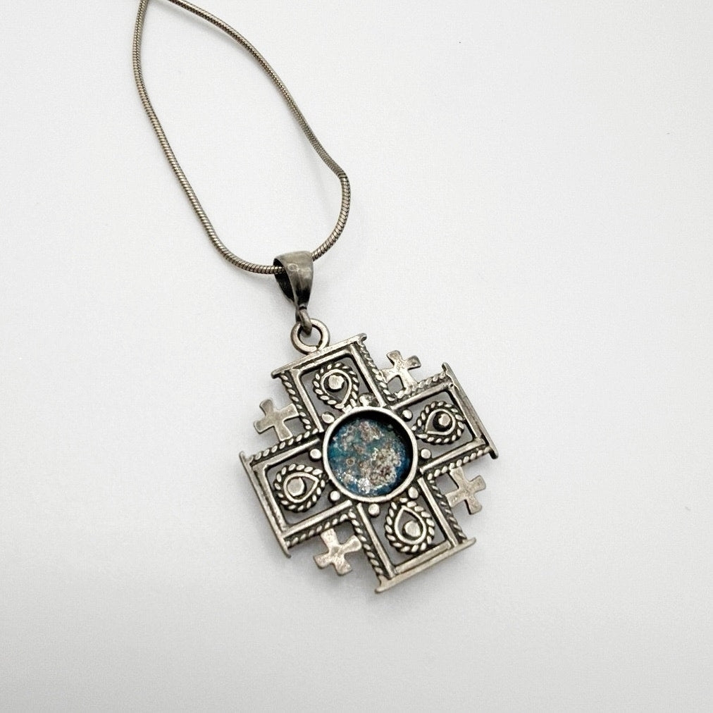 Ancient Roman Glass 925 Sterling Silver Necklace with Pendant and Jerusalem Cross