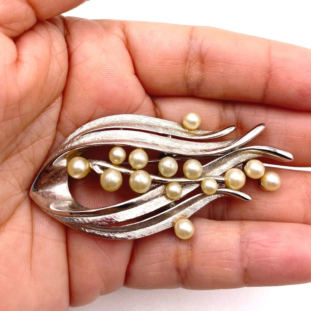 Crown Trifari Silver Tone Brooch Faux Pearls