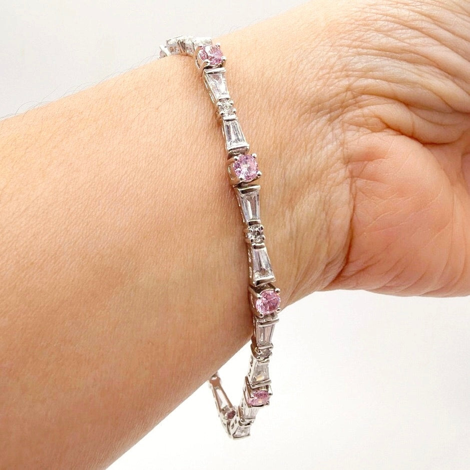 Vintage Tennis Bracelet Silver Plate Signed JDI Pink and White CZ Crystals 7"