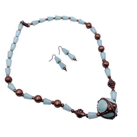 Vntg Handmade Amazonite Gemstones Necklace 18”with Enamel Pendant and Earrings