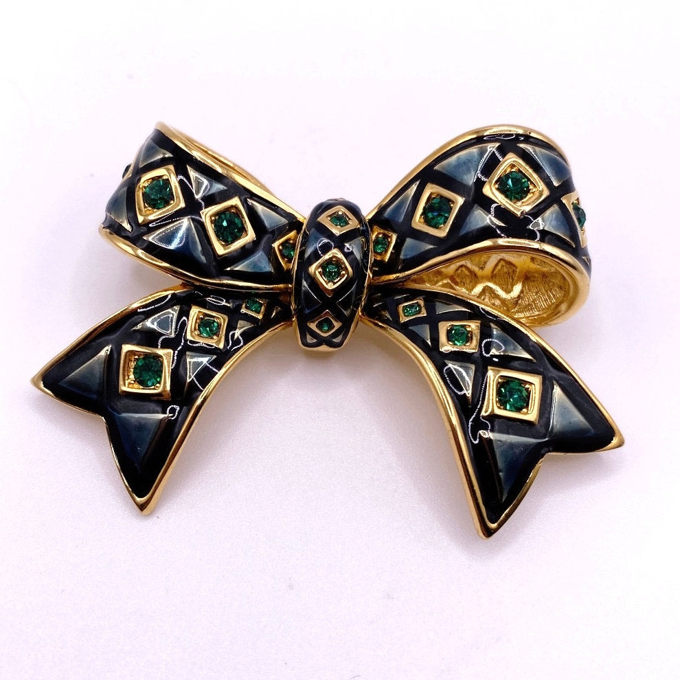 Joan Rivers Vintage Black Bow Brooch with Green Rhinestones