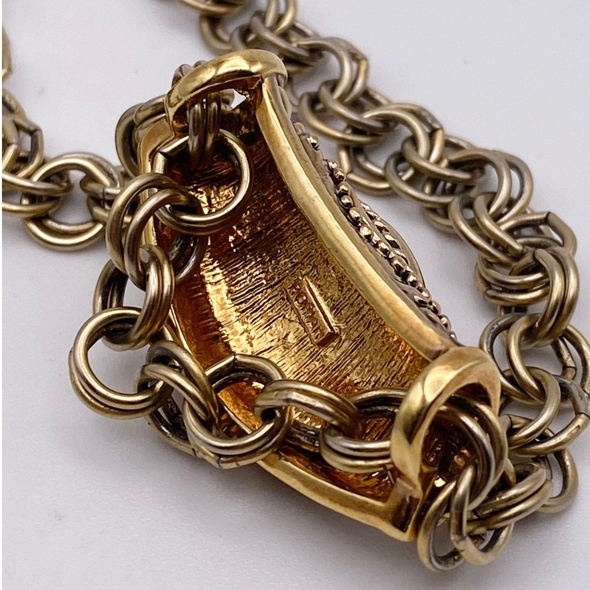 Roman Signed Vintage Pendant With Carnelian Stone and Long Gold Tone Necklace