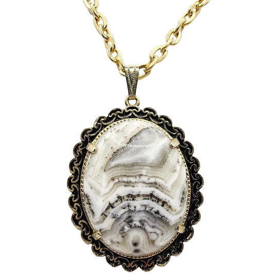 Vintage Necklace Agate Stone Pendant 24”