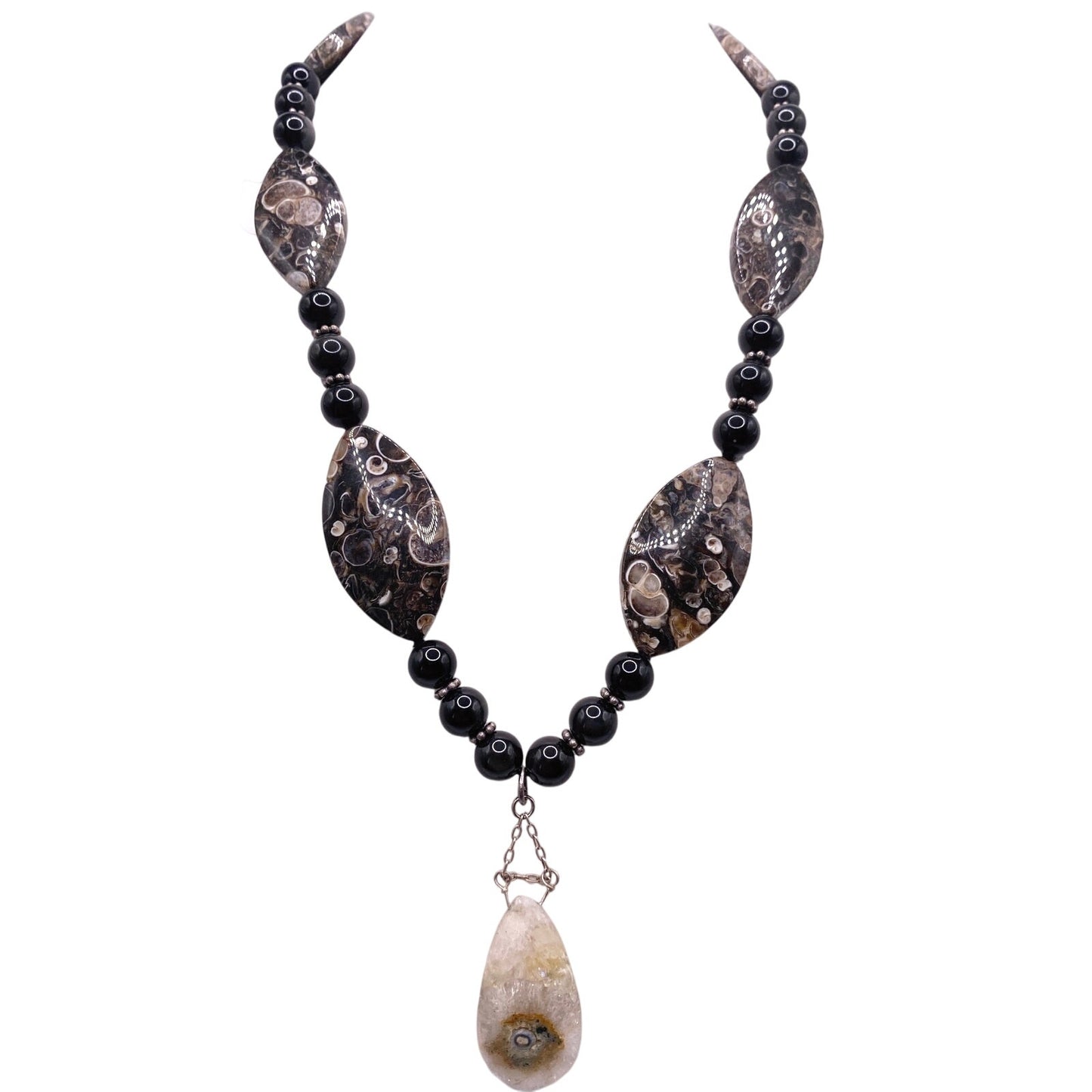 Turritella Fossil and Lace Onyx Beaded Necklace with Solar Quartz Pendant