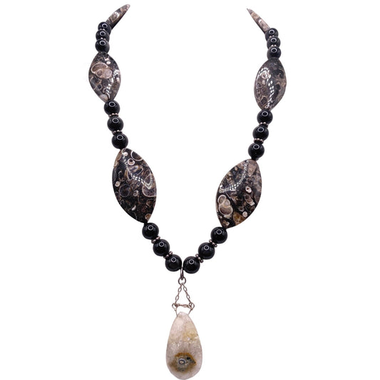 Turritella Fossil and Lace Onyx Beaded Necklace with Solar Quartz Pendant