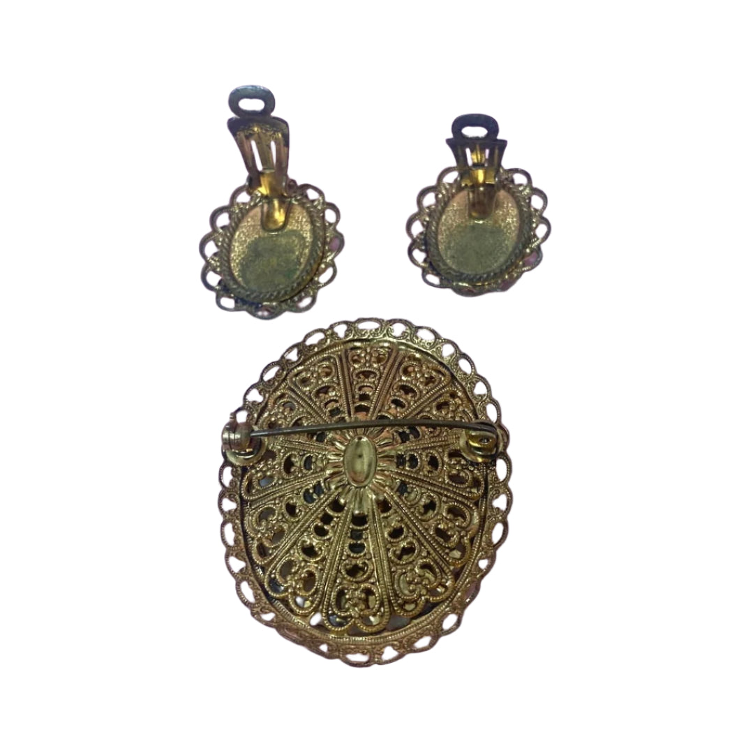Western Germany Sugar Glass Brooch and Clip On Earrings Set