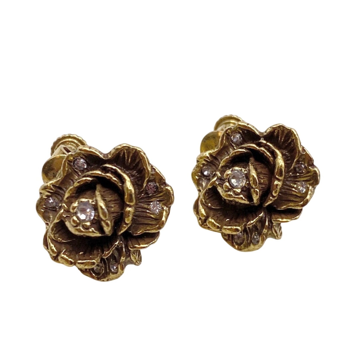 Goldette Vintage Small Gold Tone Clip on Earrings Rhinestones Rose