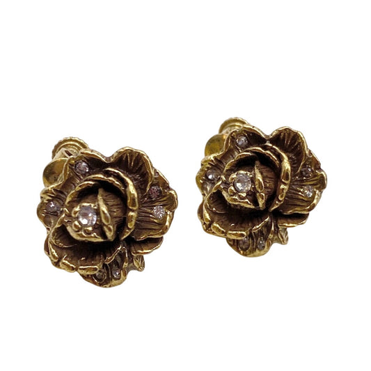 Goldette Vintage Small Gold Tone Clip on Earrings Rhinestones Rose