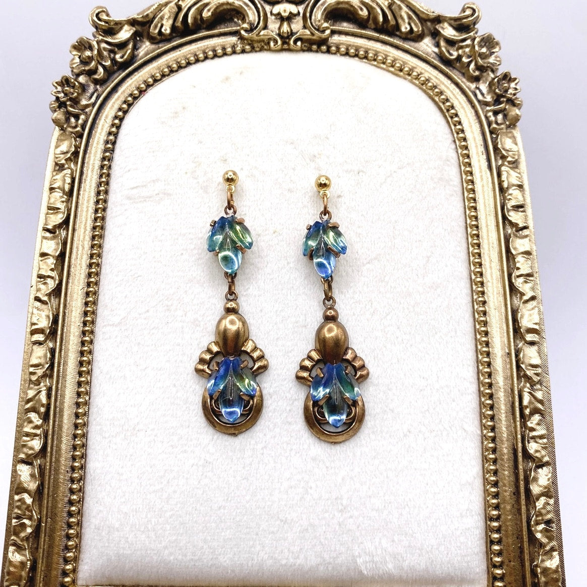 Vintage Dangling Brass Filigree Earrings Blue Green Mermaid Glass Stones