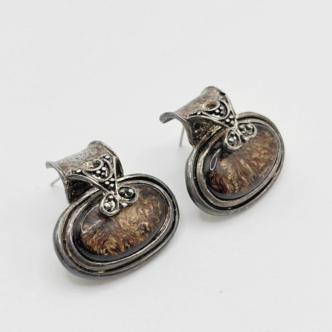 Vintage Gunmetal Tone Retro Style Studs with Brown Marble Stone