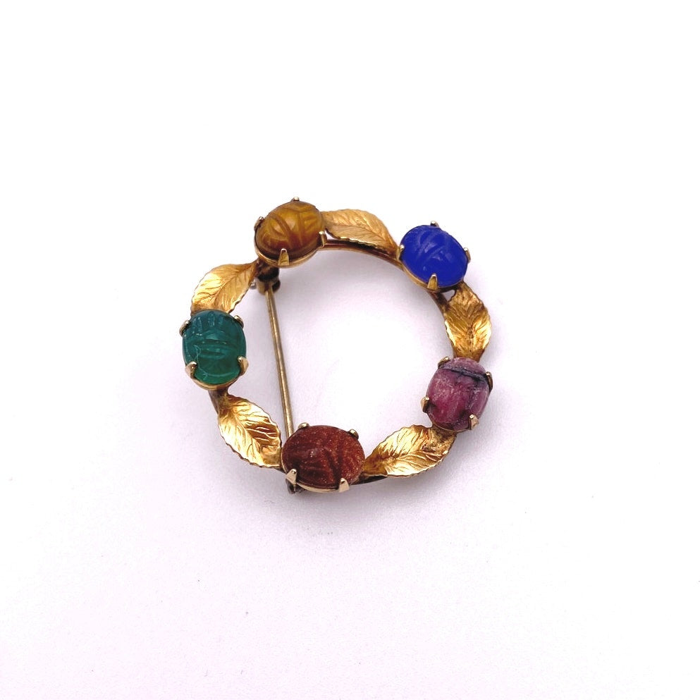 Vintage Gold Plated Filigree Brooch Egyptian Revival with Gemstones Scarabs
