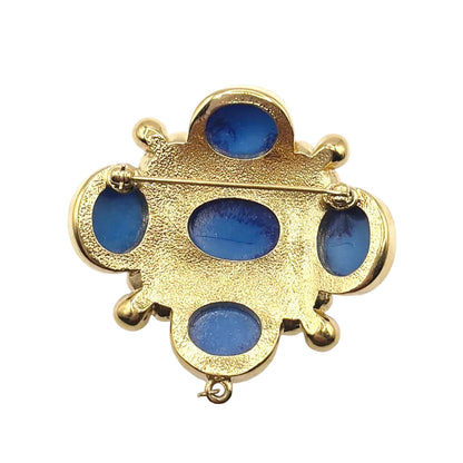 Maltese Cross Vintage Brooch With Faux Lapis Blue Cabochons 1.5”