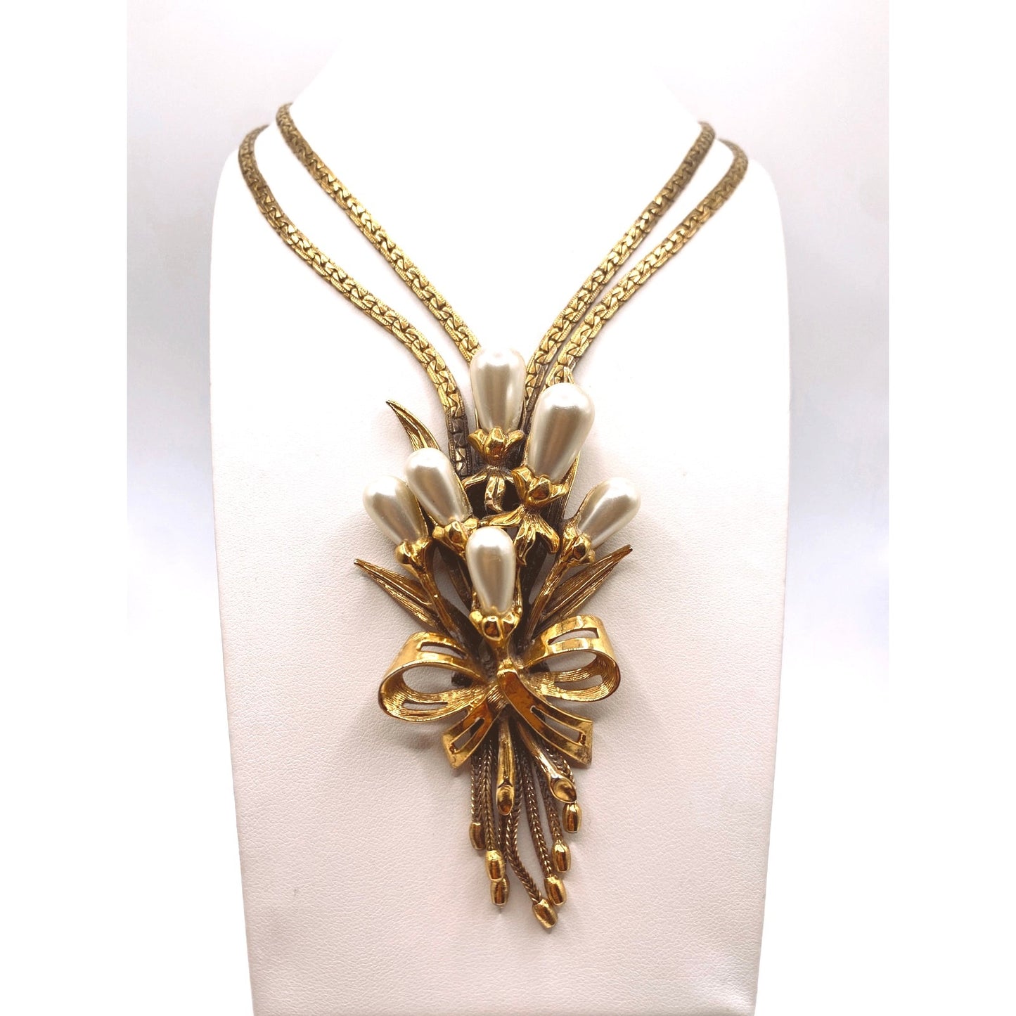 Ravana Vintage Faux Pearl Floral Bouquet Double Chain Necklace 18"