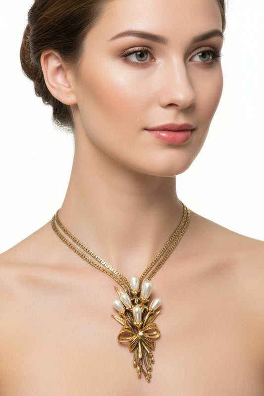 Ravana Vintage Necklace with Faux Pearl Floral Bouquet, Gold Tone Metal Finish, Length: 18 Inches - alternate view