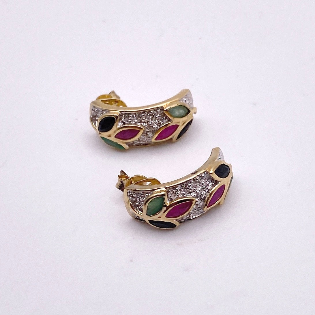 Gold Vermeil Sterling Silver and Gems  Ruby Emerald Sapphire Half Hoop Studs