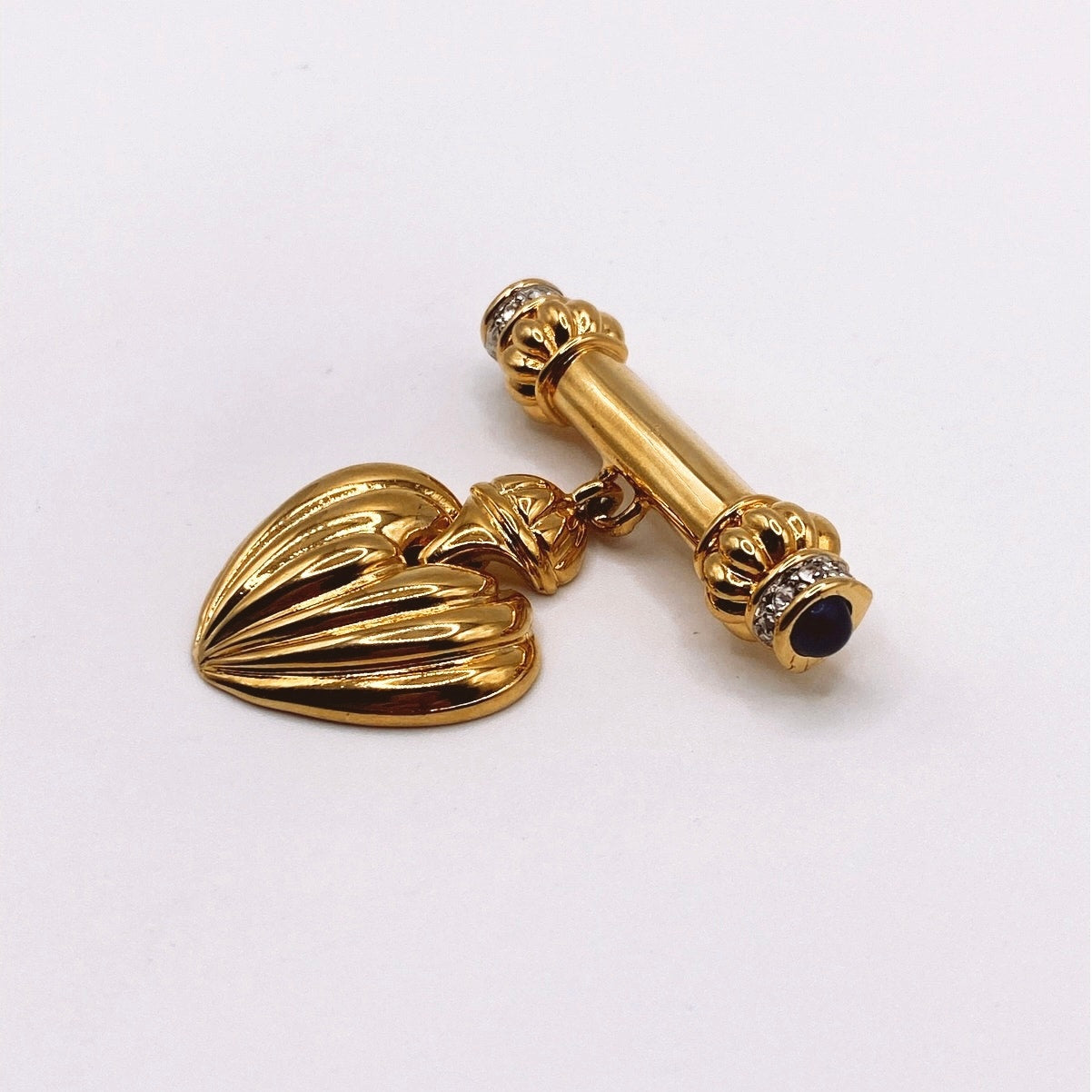 Vintage Heart Pendant Brooch Bar with Rhinestones and Blue Glass Cabochons