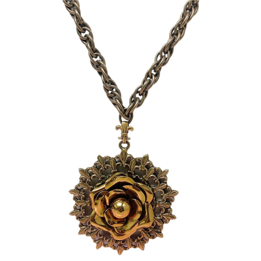 Vtg Germany Rose Pendant Necklace Plated Filigree