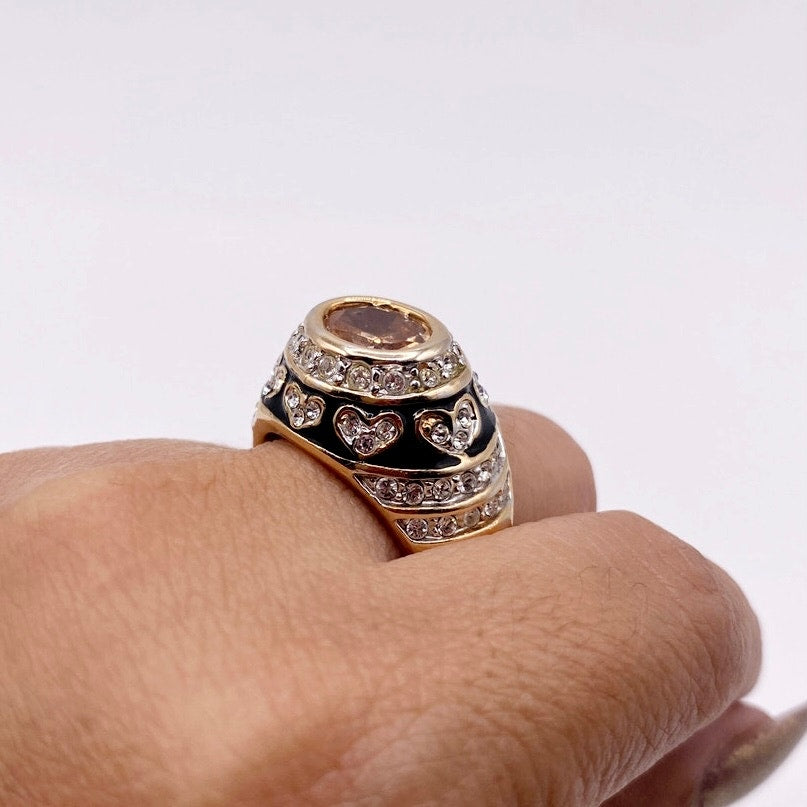 Vintage Gold Plated Enamel Ring with Cubic Zirconia Citrine