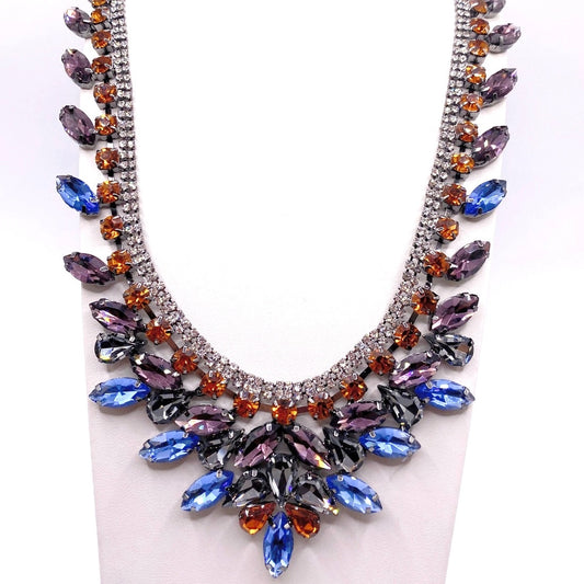 Full Rhinestones Statement Necklace Gunmetal Tone and Blue Orange Purple 18”