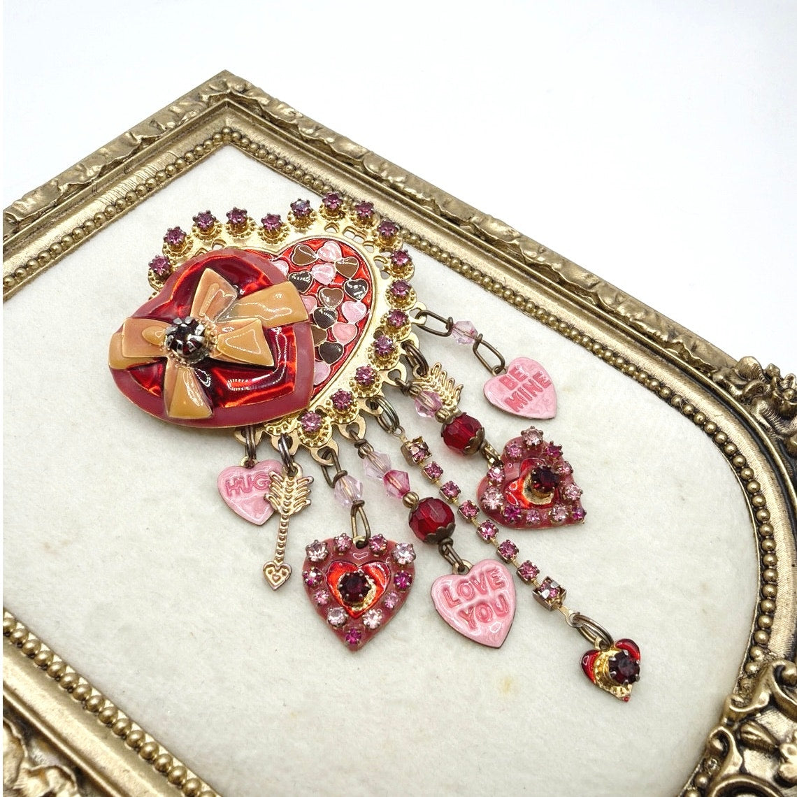 Lunch At The Ritz Pink Valentine Heart Vintage Brooch with Dangling Charms