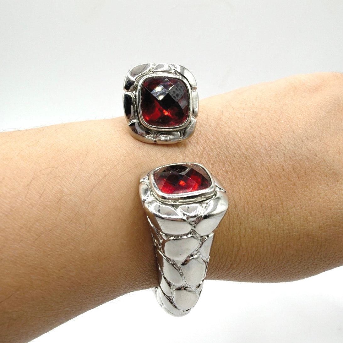 Vintage Silver Tone and Red Glass Rhinestones Open Cuff Bracelet Size 7