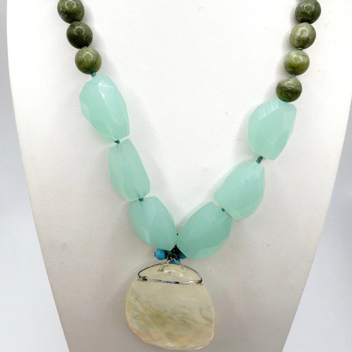 Vintage Handmade Gemstones Necklace Chalcedony  Agate and Opaline Pendant 16”