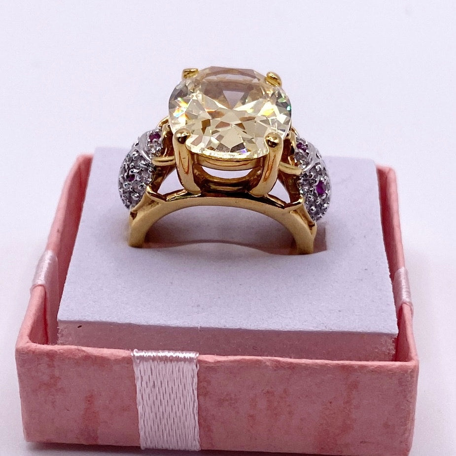 Gold Electroplated Cocktail Ring with Lab Created Rubies and large Yellow Topaz Size 7