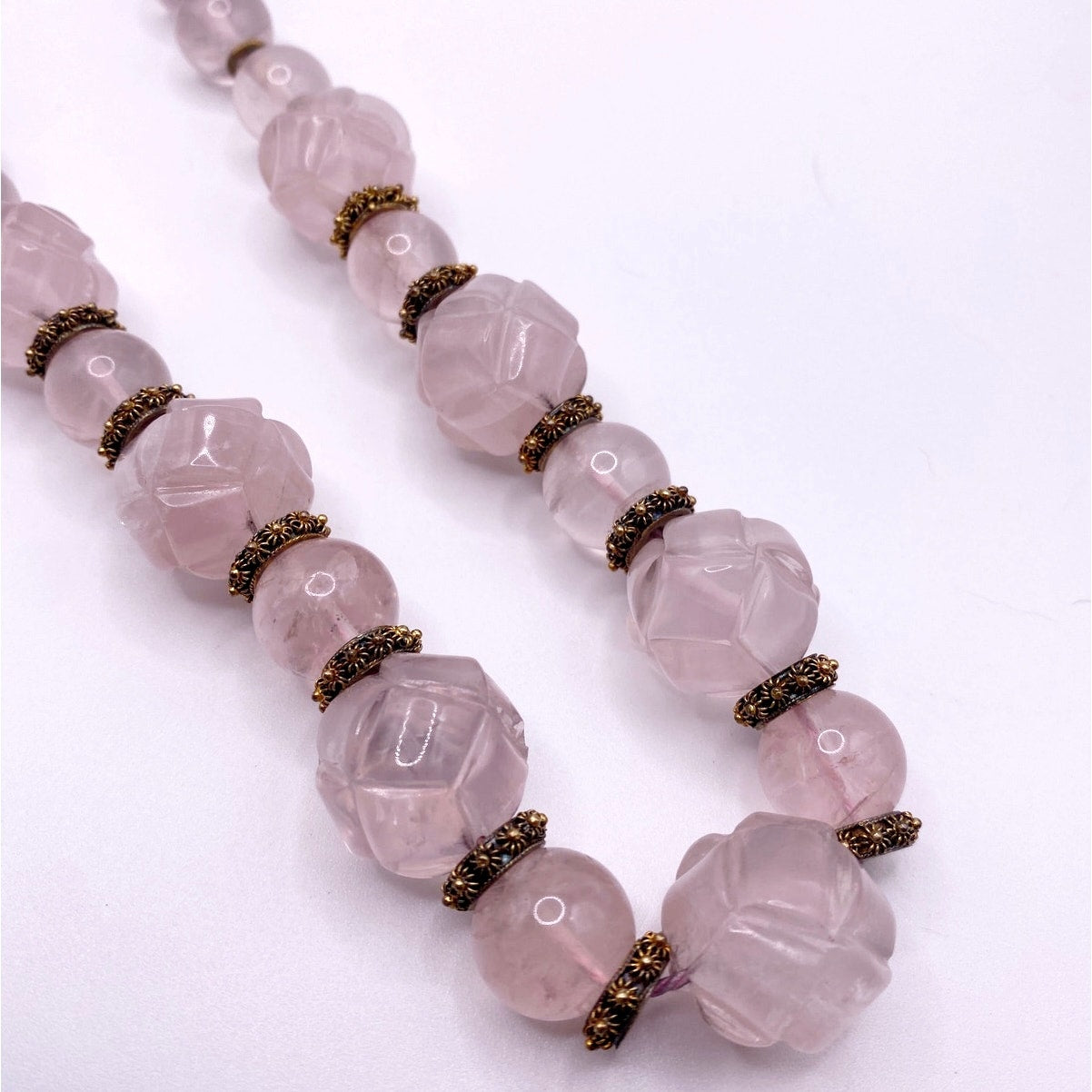 Shou Signed Carved Rose Quartz Vintage Chinese Necklace Vermeil Clasp
