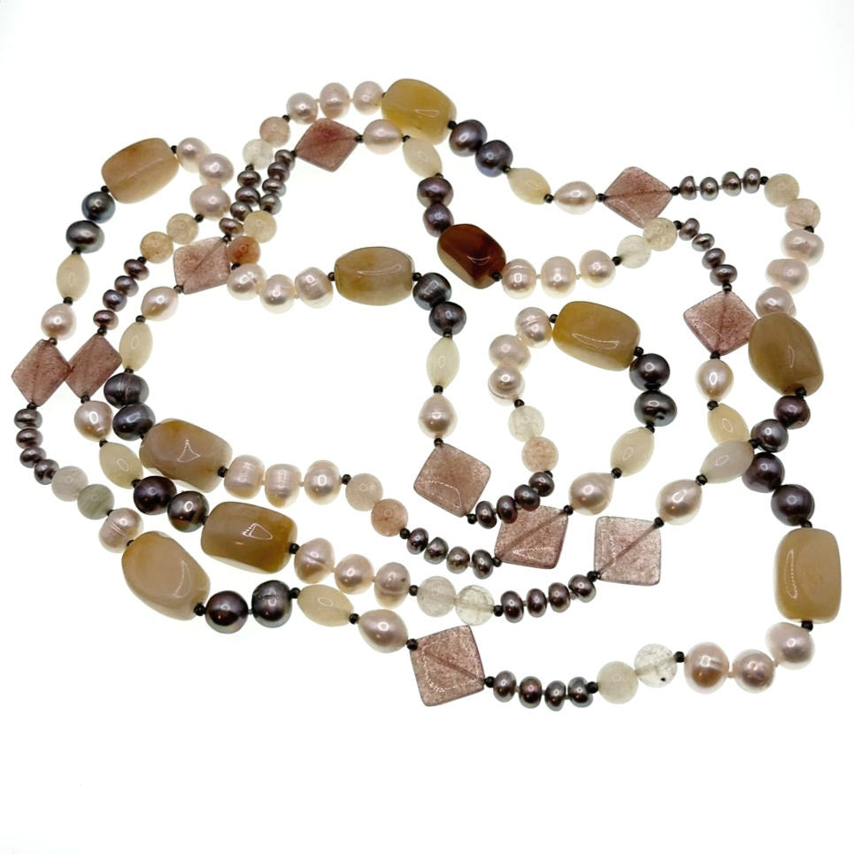 Gemstones and Pearls Knotted Vintage Extra Long Necklace 66” One Strand