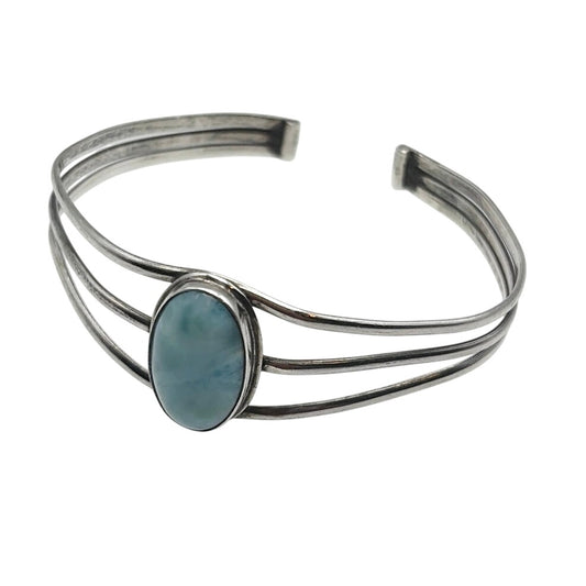 Larimar Stone and Sterling Silver Open Cuff Bracelet 6”