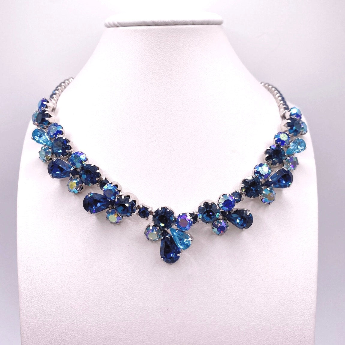Weiss Stunning Vintage AB Royal Blue Rhinestones Necklace 16”