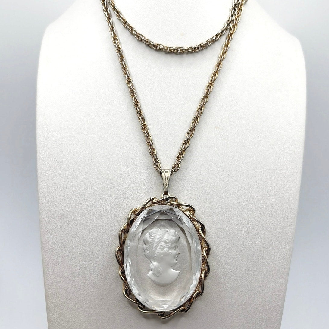 Vintage White Clear Intaglio Glass Cameo Pendant 2" On Large Necklace 22"