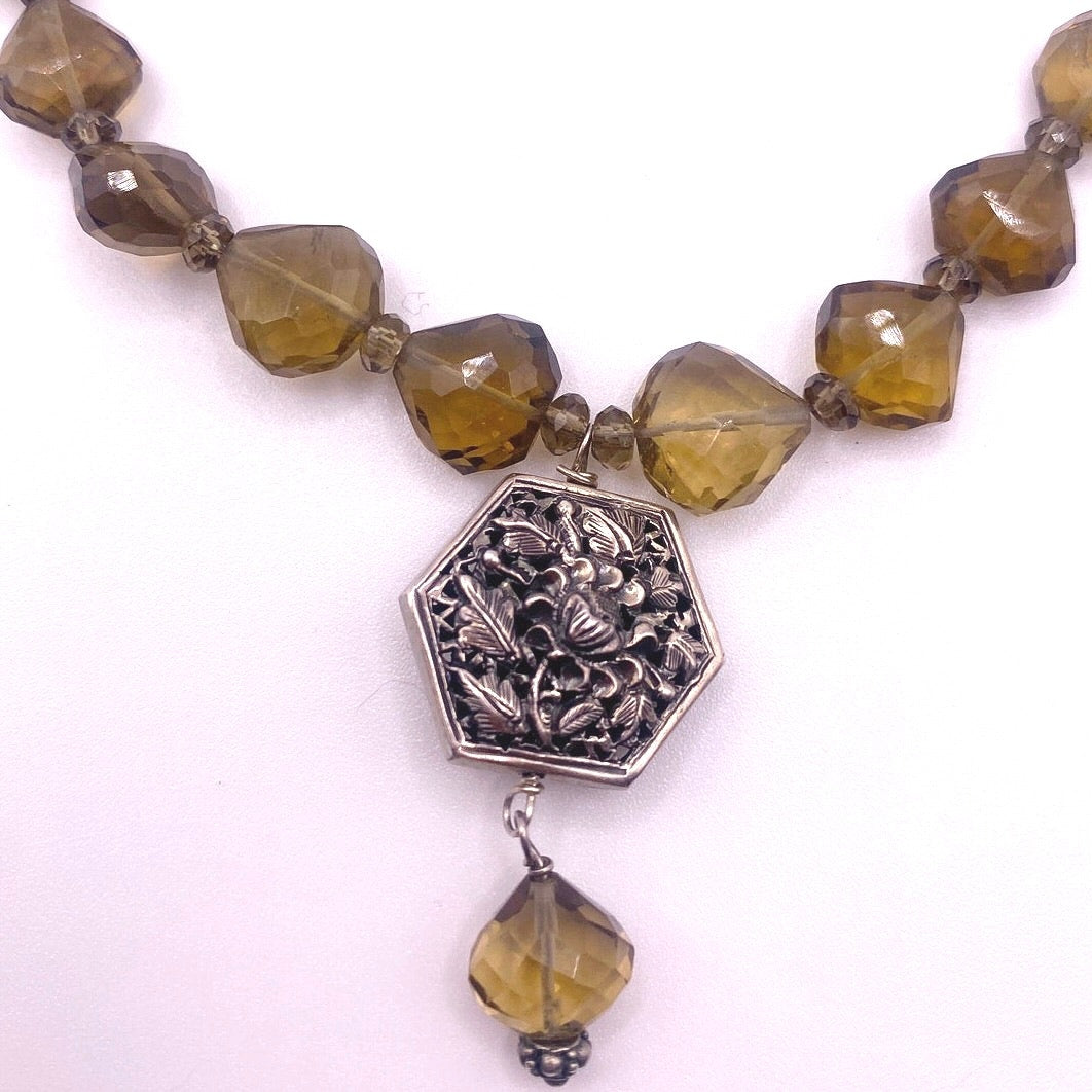 Smoky Quartz Gemstones Necklace with Art Nouveau Floral Beads 15”