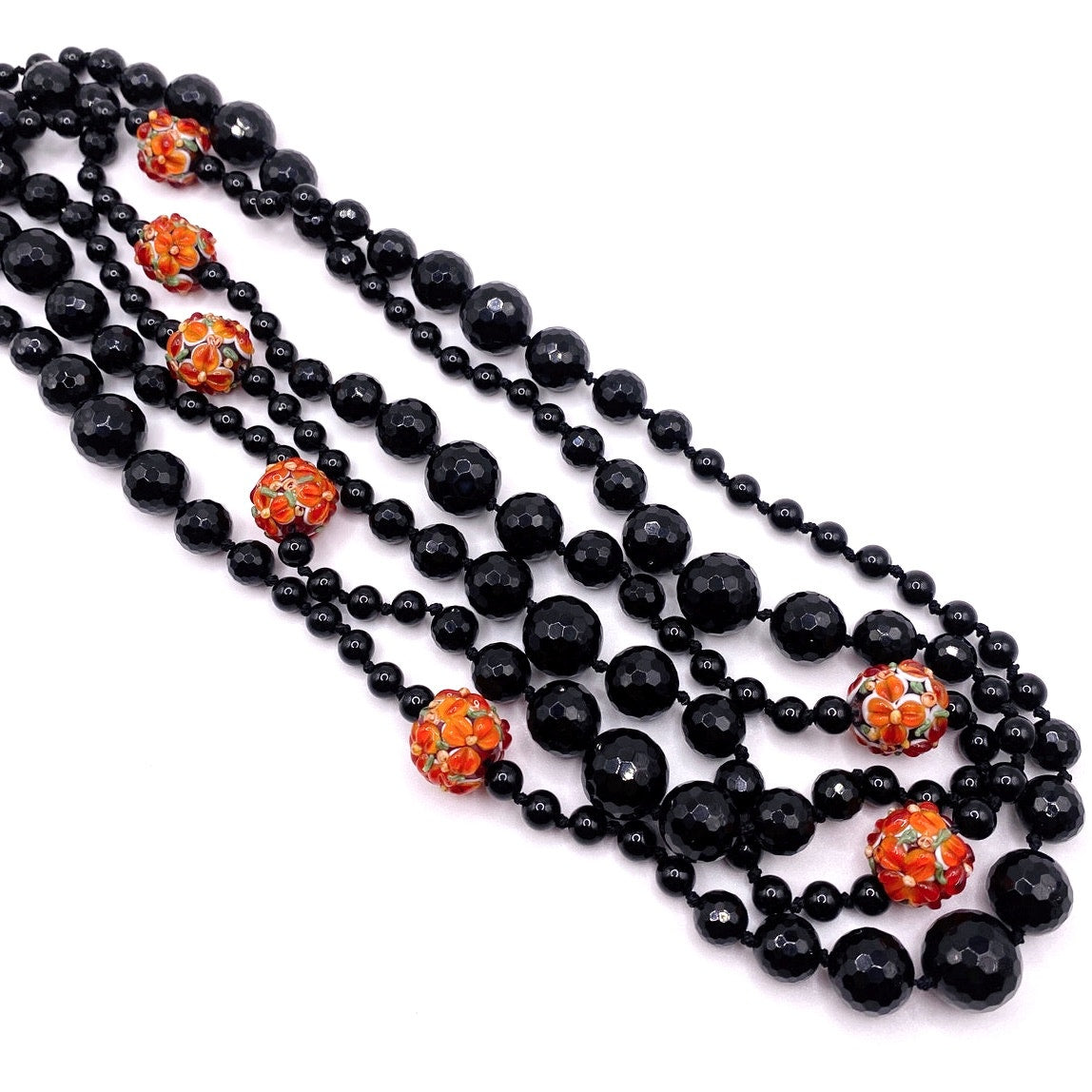 Black Opera Necklace Extra Long 66” Knotted Onyx and Murano Glass Millefiori Orange Beads