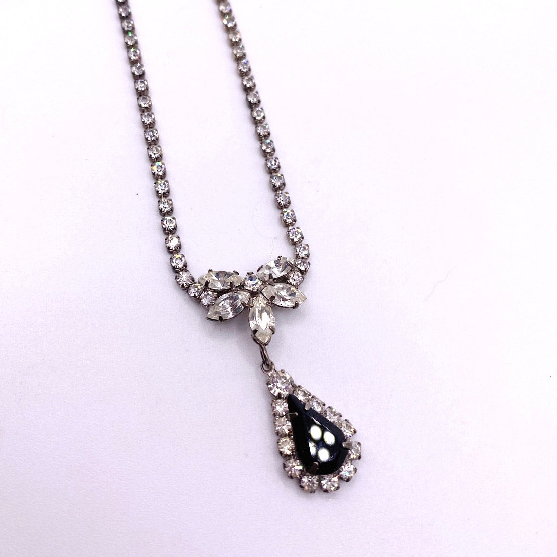 Vintage Black and White Rhinestones Clip on Earrings and Necklace
