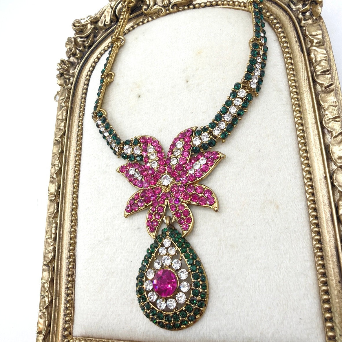 Vintage Full Rhinestones Floral Collar Necklace 17”