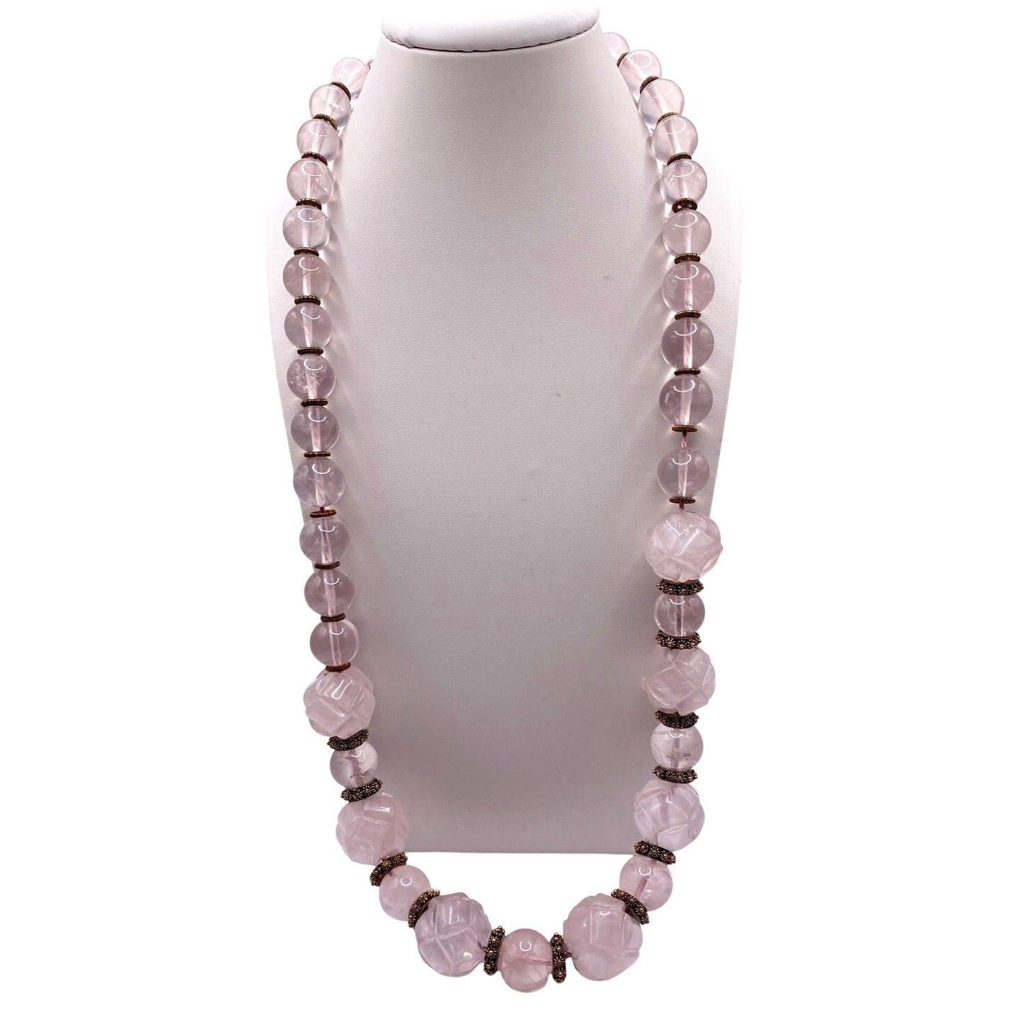 Shou Signed Carved Rose Quartz Vintage Chinese Necklace Vermeil Clasp