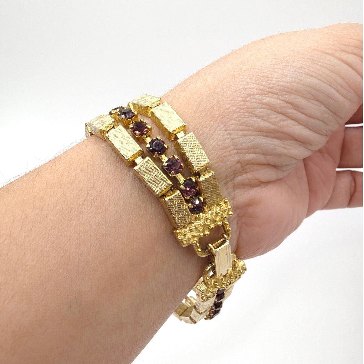 Retro Midcentury Bracelet Gold Tone Boxes Links and Purple Rhinestones 7”