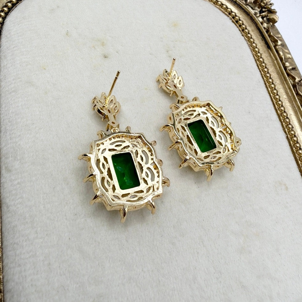 Gold Plated Cubic Zirconia Green Emerald Stone Dangling Earrings 1” Long
