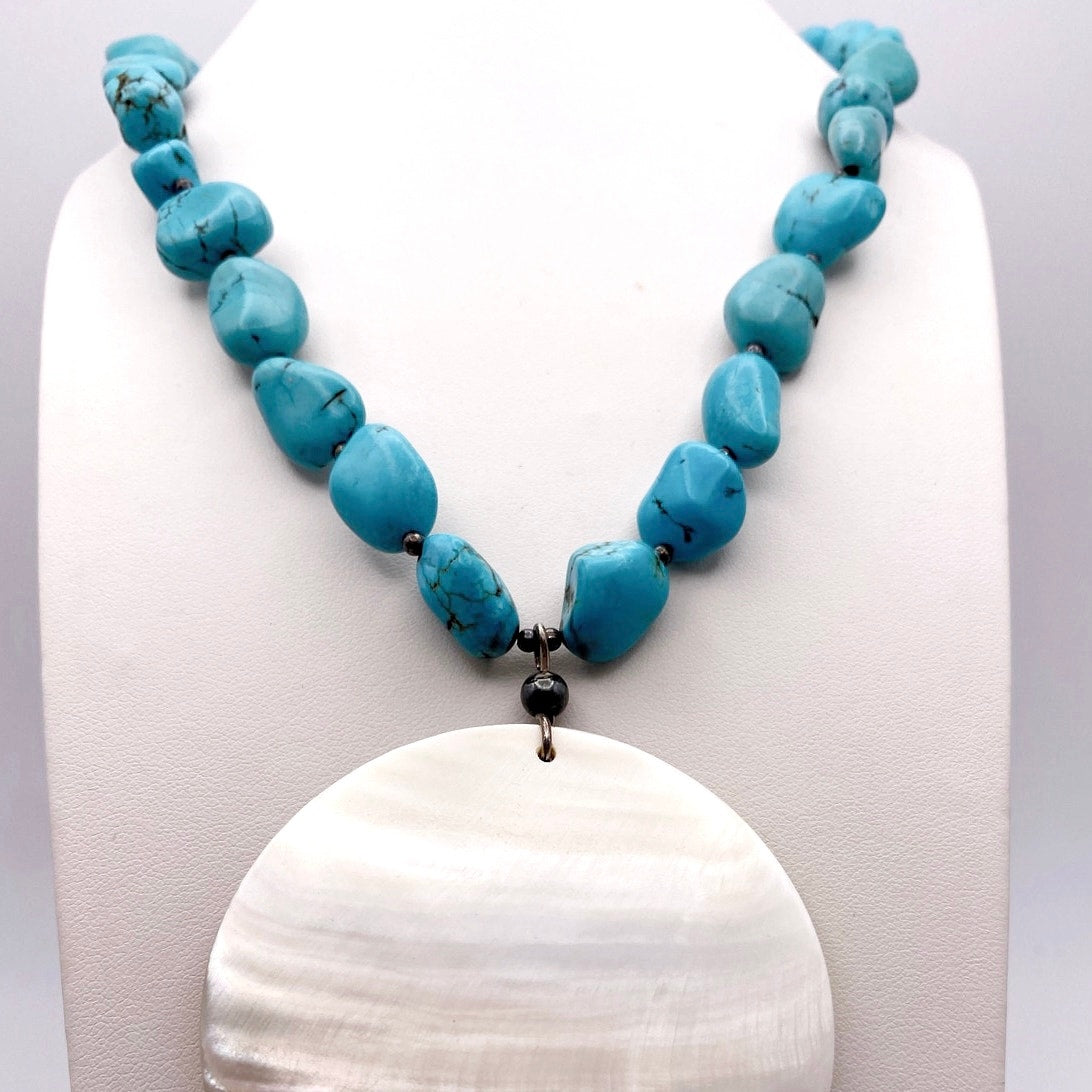 Turquoise and Sterling Silver Vintage 16" Necklace with Large Shell Pendant 2"