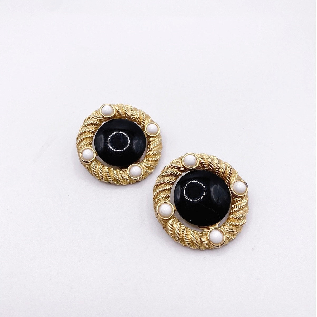 Vintage Earrings With Black Lucite Stone Retro Clip On