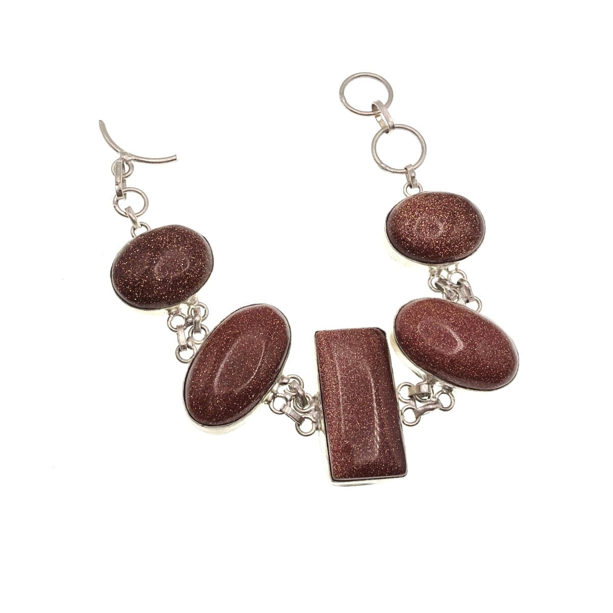 Sterling Silver And Aventurine Sunstone Cabochons Size 7.5” Bracelet