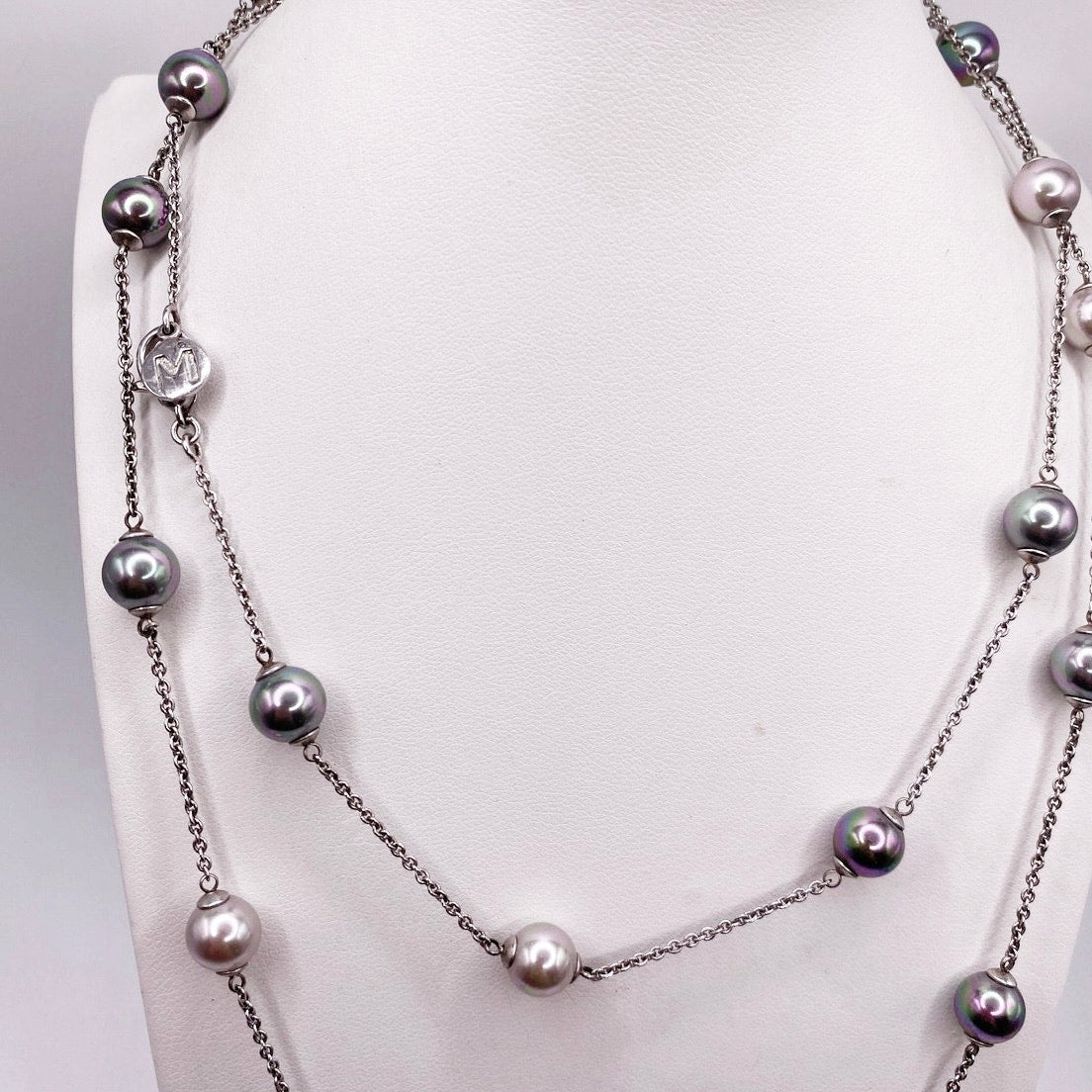 Majorica Necklace Sterling Silver-Colorful High Quality Faux Glass Pearls 34”