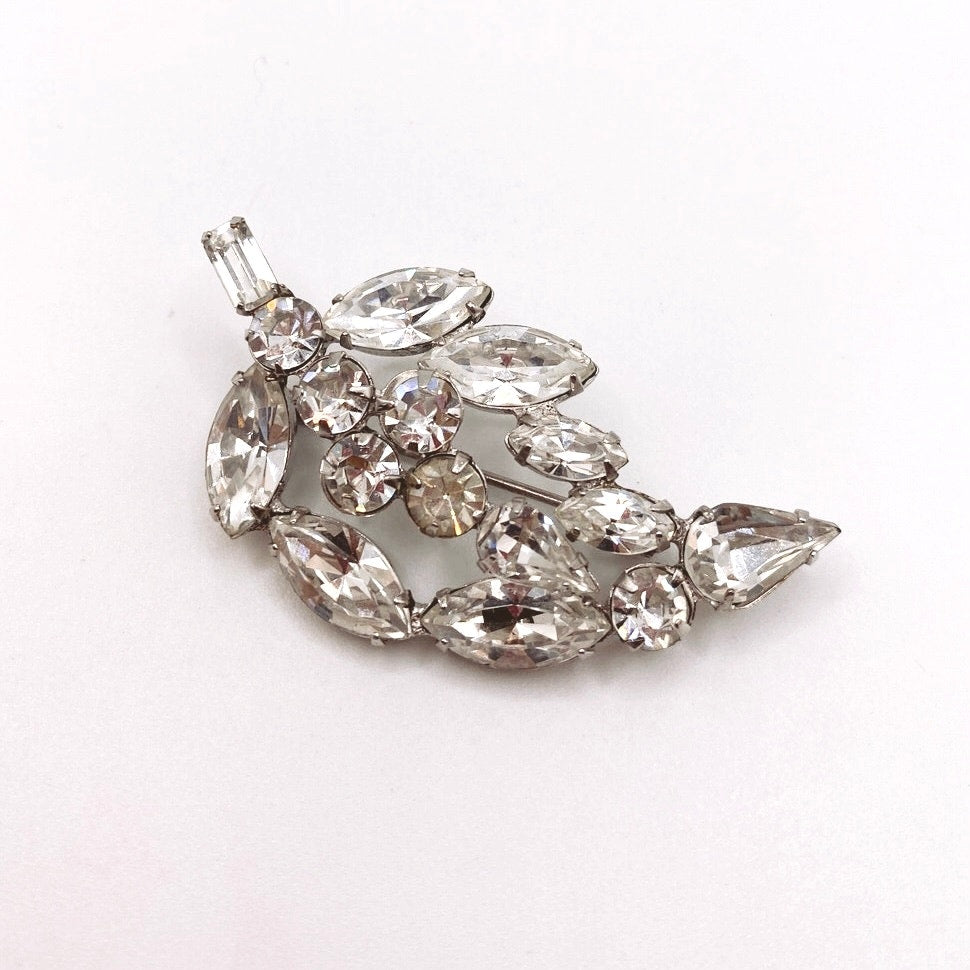 Vintage White Rhinestones Brooch Leaf Motifs