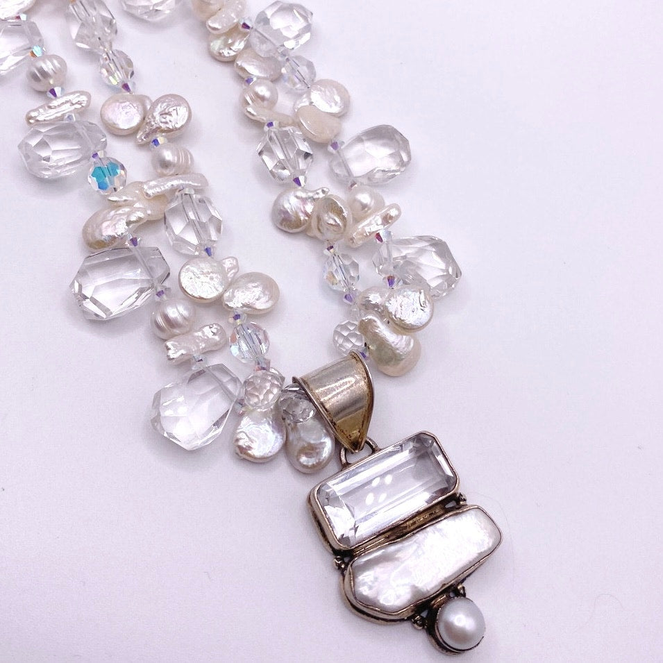 Saki Sterling Silver Necklace With Mother of Pearl and Faceted Quartz Stones 16”