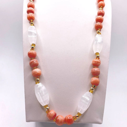 Vintage Angel Skin Coral and Quartz Necklace 20”