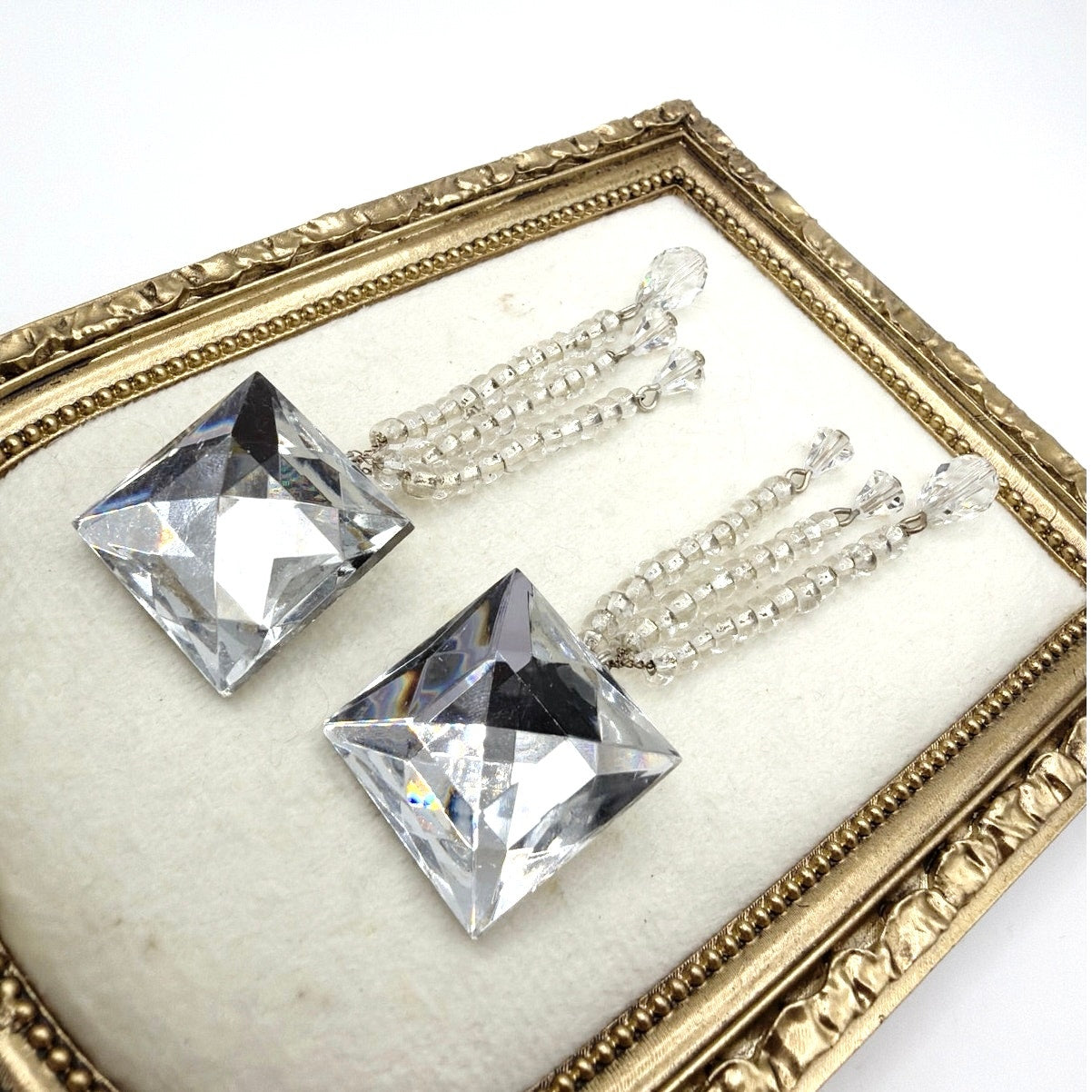 Vintage Square Crystal Rhinestones 4” Dangling Clip On Statement Earrings