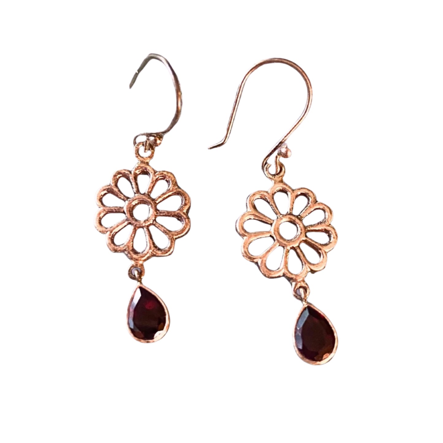 Flower Shape 925 Sterling and Garnet Earrings