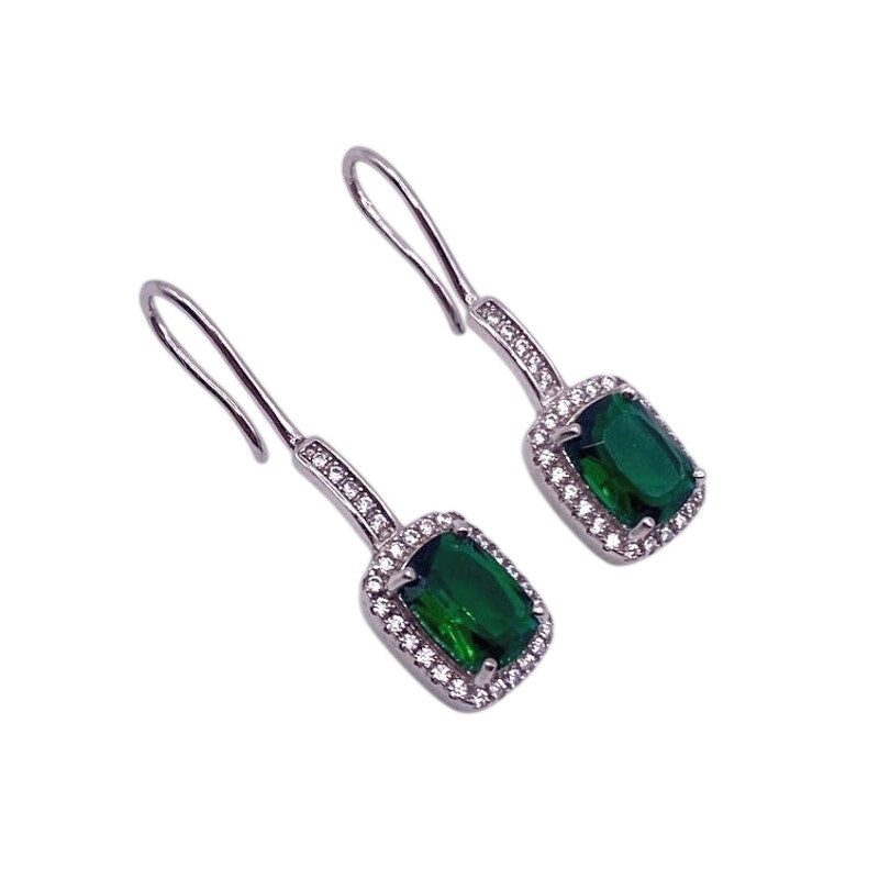 Green Crystal Sterling Silver Vintage Hook Earrings Cubic Zirconia
