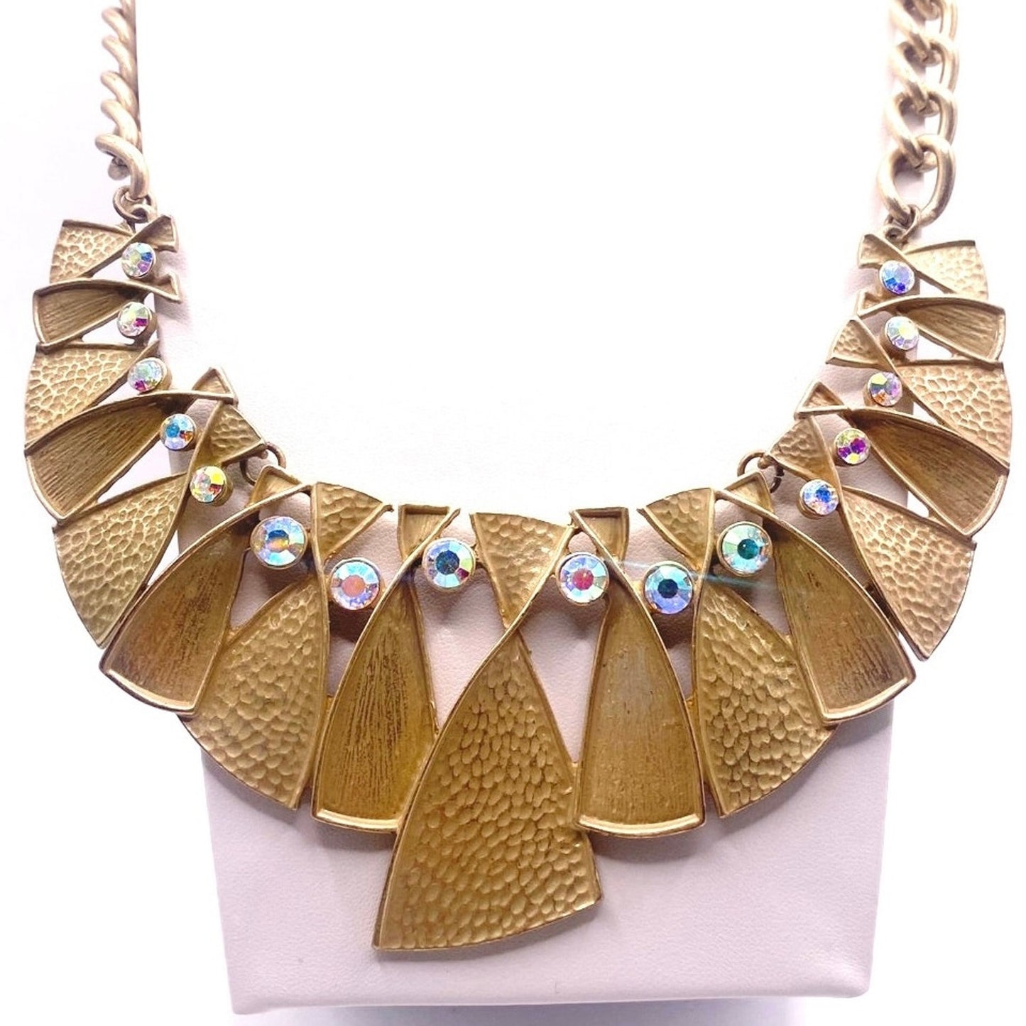 Vintage Golden Bib Necklace with Aurora Boreales Rhinestones